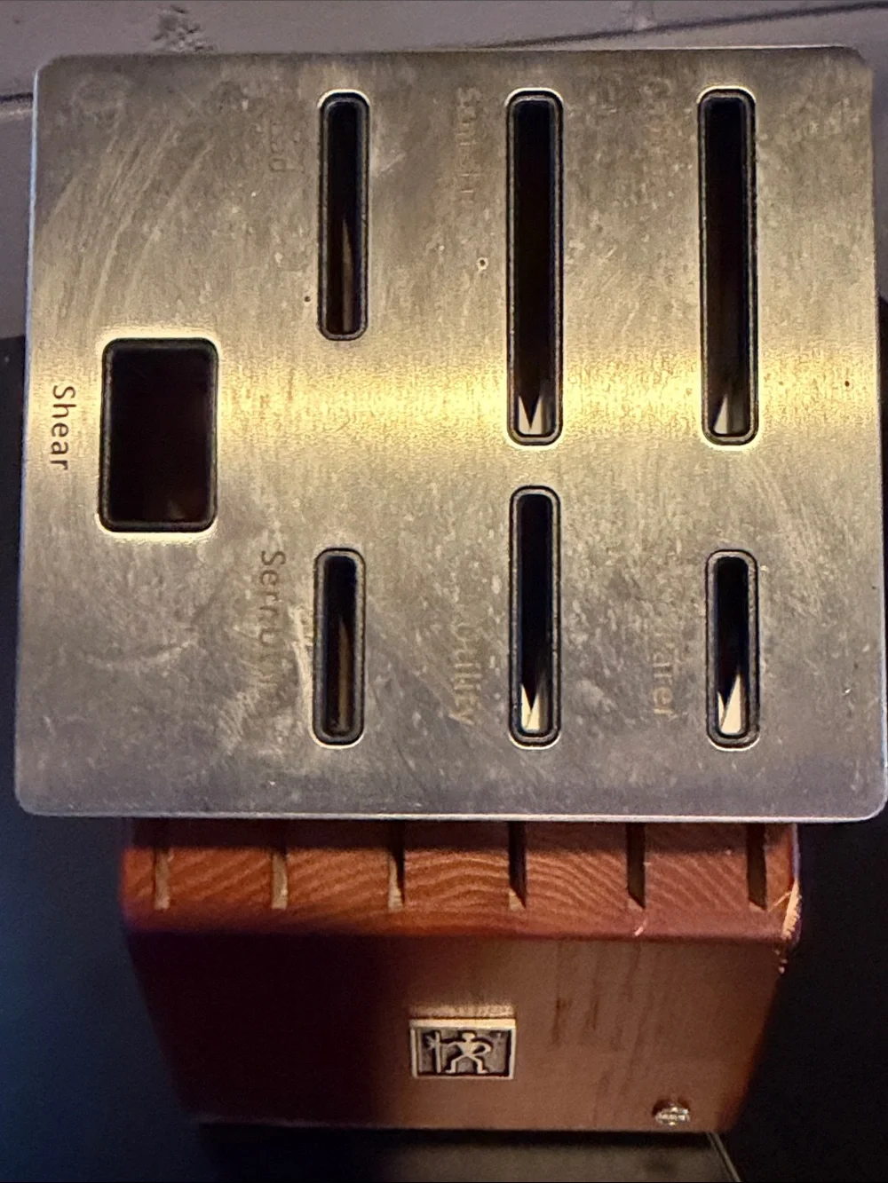 J A HINKLES  Stainless Steel and Wood Knife Block - Brown and Silver